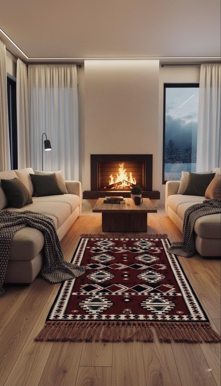 Handmade Turkish Area Rug(YORUK Kilim) - 100% Wool - 3x5 ft (32x56 in) Small Area Rug - Deep Red Burgundy, Traditional Diamond Pattern, Cozy Boho Decor for Living Room, Fireplace, or Bedroom