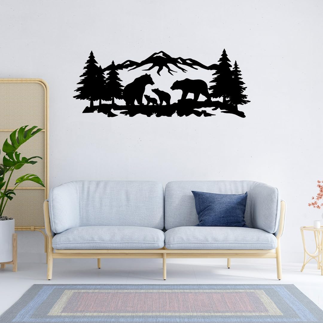 METALPLEX Mountain Bear Family Metal Wall Art – Fade-Resistant & Rust-Free Aluminum Composite Nature Wall Decor for Living Room – Bedroom & Cabin Aesthetic, Easy to Hang – Black, 40"x 16"