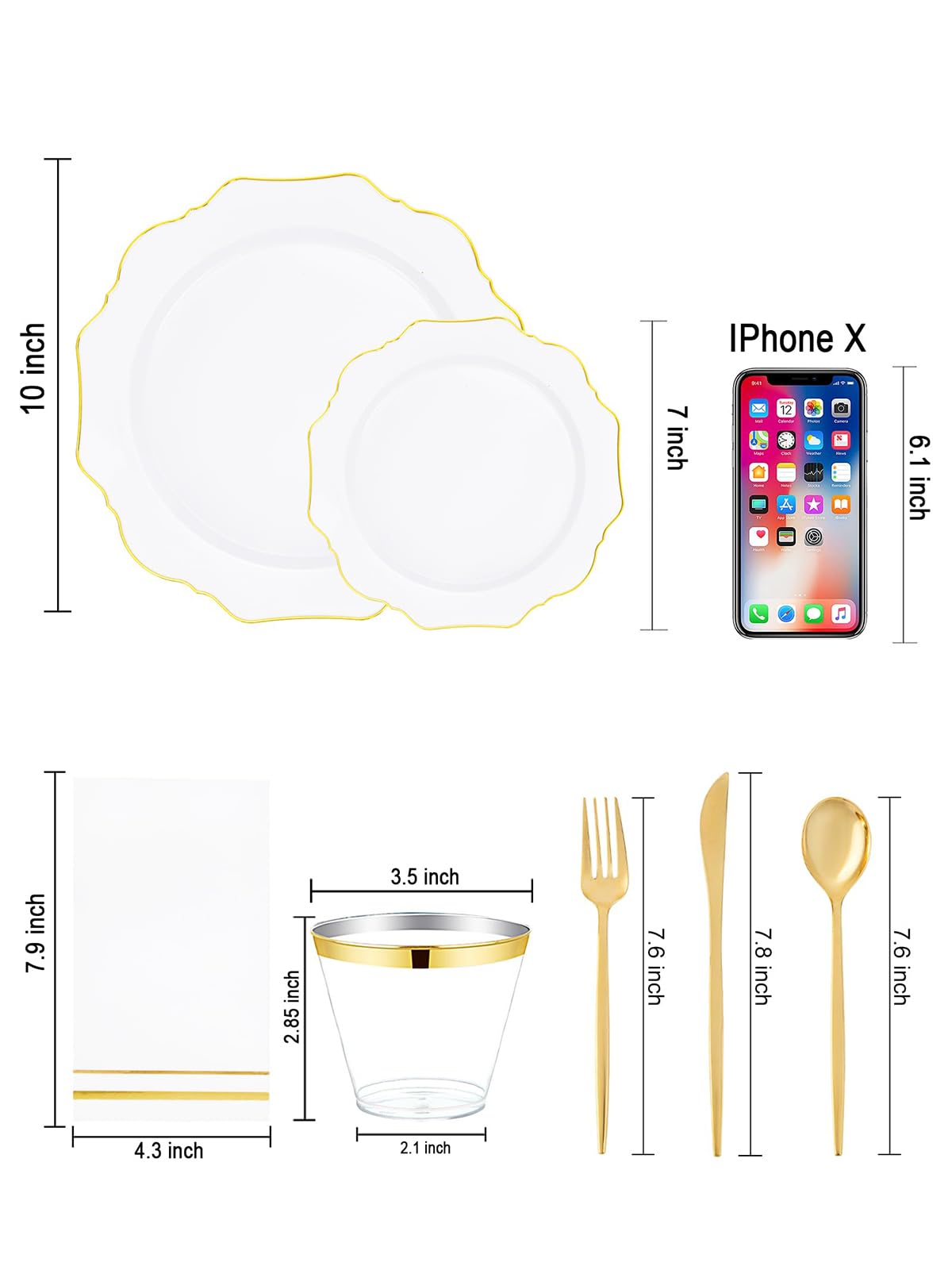 WDF 175Pcs Gold Plates Disposable - White and Gold Plastic Plates 25guest Plastic Dinnerware Ideal for Party/Wedding/First Communion/Spring/Mother's Day
