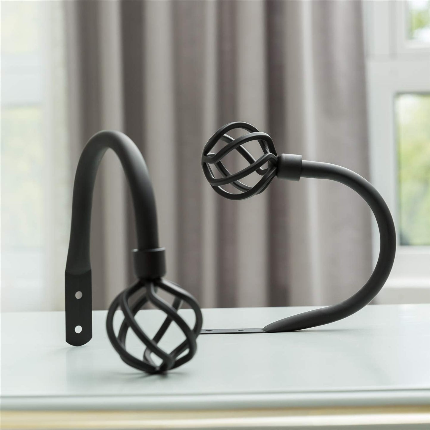 HIKMLK Geometric Industrial Curtain Holdbacks 2pcs, Solid Cast Iron Heavy Duty Curtain Tiebacks for Wall, Side Holder Pull Back Hooks for Drapes Tie Back Home Window Decor (Matt Black)