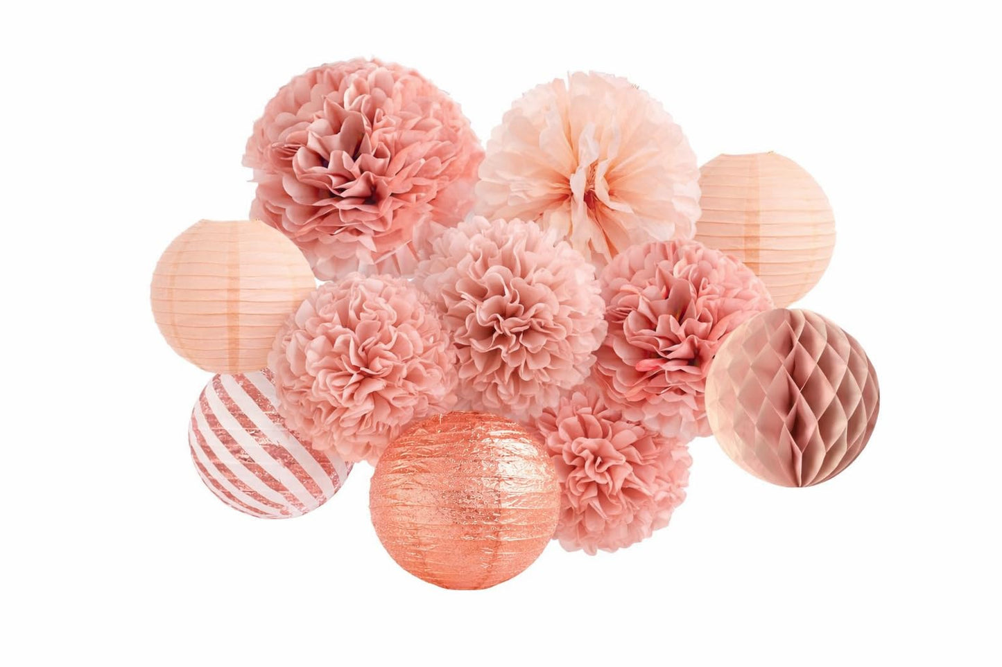Decorative Paper Pom Poms and Lanterns Set, Rose Pink and White, Party Hanging Decor for Celebrations and Events