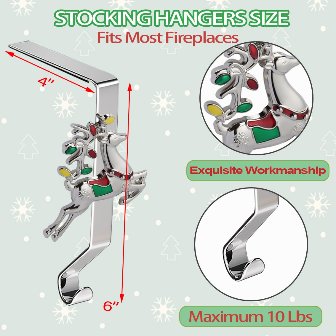 K-MLICE Stocking Holders for Mantle Silver Stocking Holder Stocking Hangers for Mantle Set of 4 Hooks Fireplace Christmas Stocking Holder Weighted Non-Slip Christmas Décor
