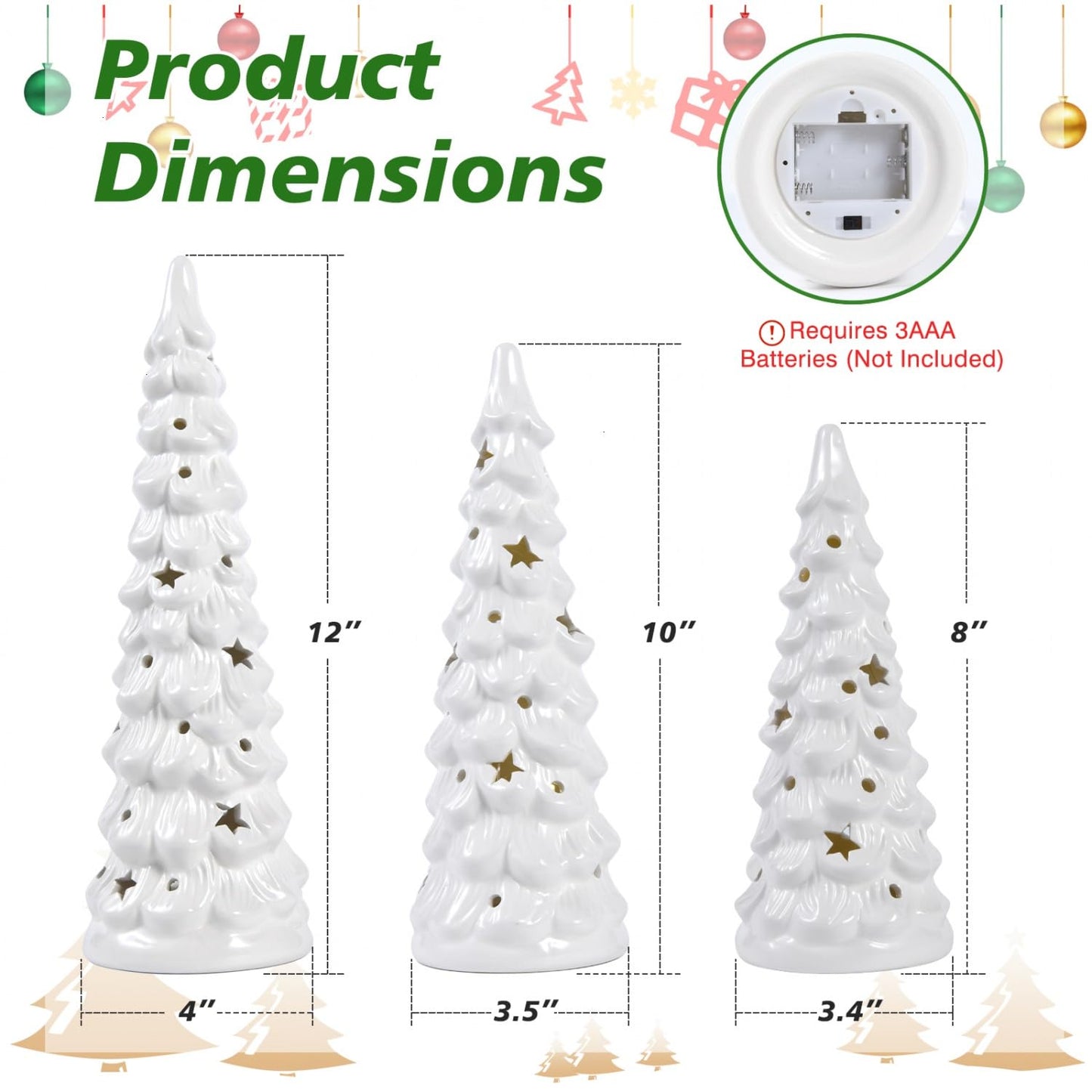 JETEHO Set of 3 White Ceramic Christmas Trees Tabletop Christmas Tree with Stars and Dots Cutouts Ceramic White Christmas Decorations for Home