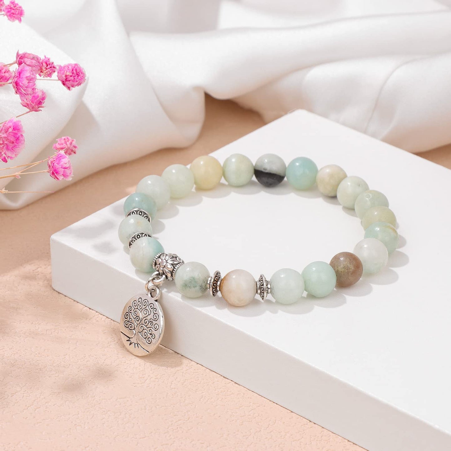 GolbalJew Healing Bracelet For Women Anxiety Amazonite Beaded Bracelets Jewelry Healing Stone Tree of Life Pendant Bracelet Stress Relief Yoga Beads Chakra Bracelets Gifts For Women