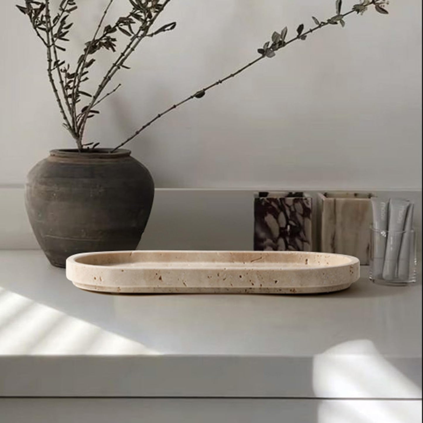 CHISELED ST DF SK Natural Travertine Oval - 10x5 Inch Bathroom and Vanity Marble Small Tray for Soap Bottle, Perfume, Aromatherapy and Jewelry Accessories - Countertop Tray with Non-Slip Raised Base