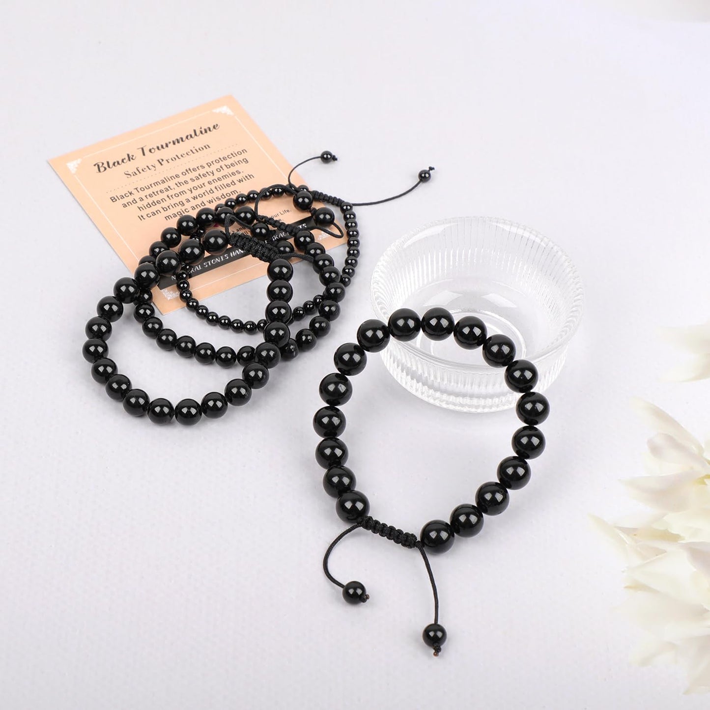AD Beads 4mm Black Tourmaline - Best protection - Handmade Natural Stone Crystal Bracelet with Adjustable Macrame String - Yoga Healing Power Energy Gifts for Men and Women