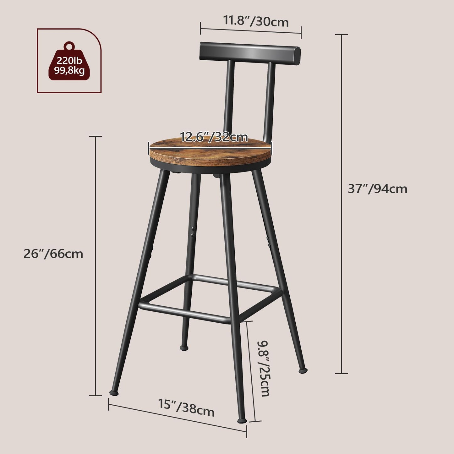 MAHANCRIS Bar Stools, Set of 2 Bar Chairs with Backrest and Footrest, 26" Tall Counter Stools, Metal Frame, Adjustable Feet, Easy Assembly, for Kitchen, Living Room, Pub, Rustic Brown BAHR6001