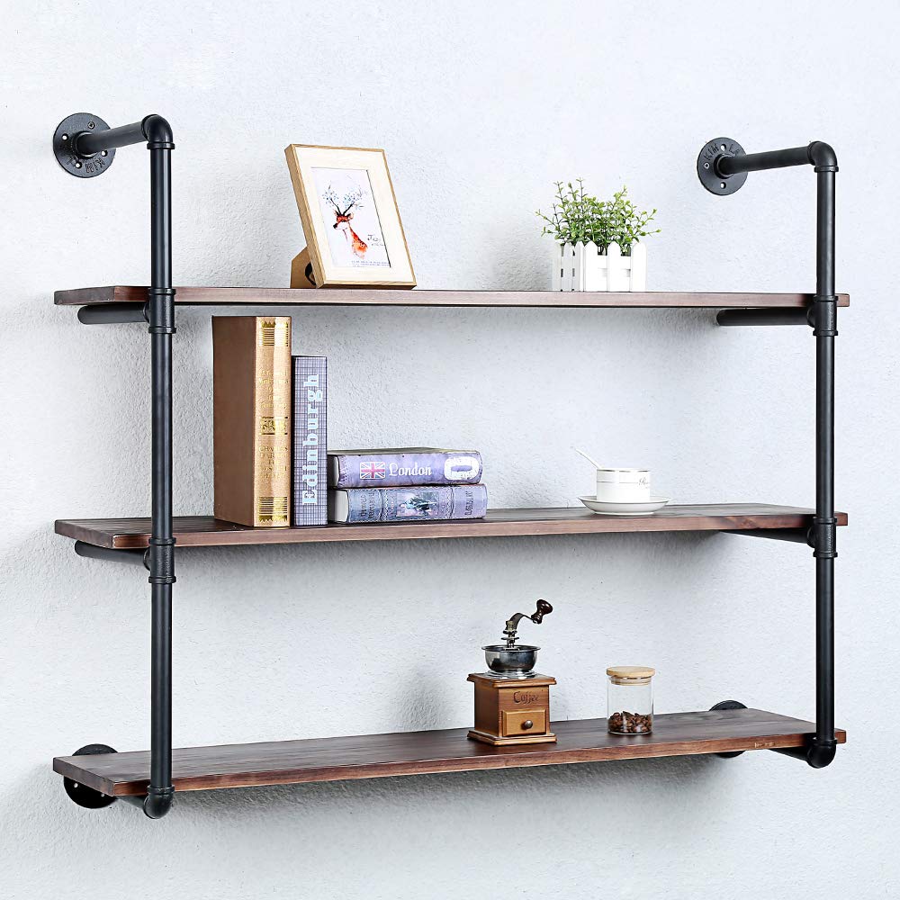 Industrial Pipe Shelving Wall Mounted,42in Rustic Metal Floating Shelves,Steampunk Real Wood Book Shelves,Wall Shelf Unit Bookshelf Hanging Wall Shelves,Farmhouse Kitchen Bar Shelving(3 Tier)