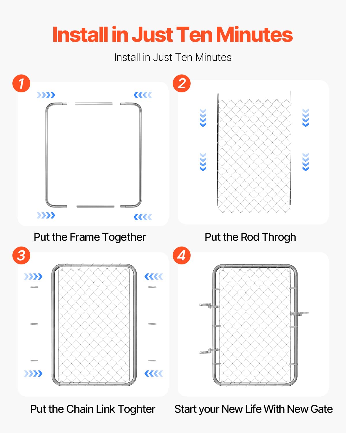 VEVOR Chain Link Fence Gate, 32 x 46 in, Adjustable Chain Link Fence Panel, Fit 2-4 ft (W) x 4 ft (H) Garden Fence Gate Opening, Rust-Resistant Galvanized Fencing Gate for Farm Posts Not Included