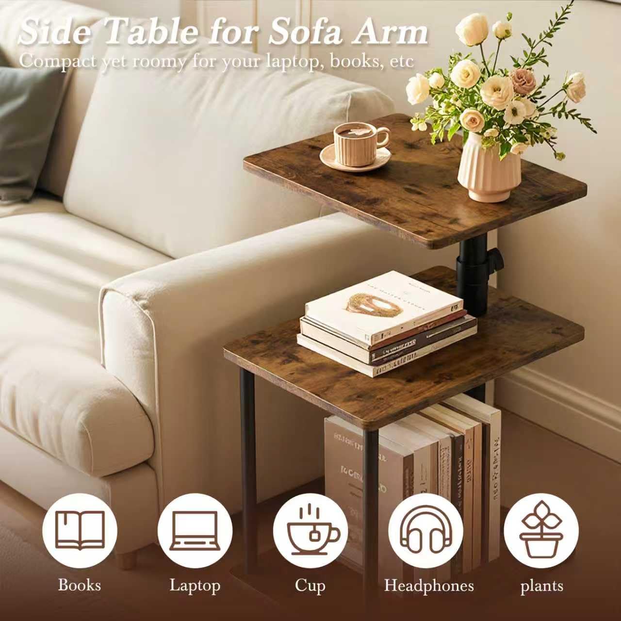 Faesun 360° Swivel Side Table for Height Adjustable, C Shaped End Table for Couch with Storage, 3-Tier Night Stand with Open Shelf, Tv Tray for Small Spaces, Living Room, Bedroom, Rustic Brown