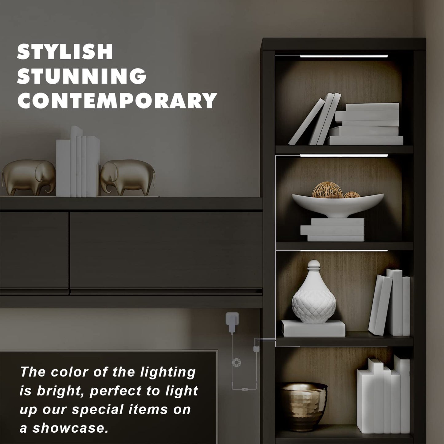 Black Shell Display Cabinet Lights, Under Shelf Lighting with Memory Function, 2 Sets of 4x12 Inch Plug-in Bookshelf Lighting, LED Cabinet Lights for Display Case/Pantry/Closet/Safe, Cold White 6000K