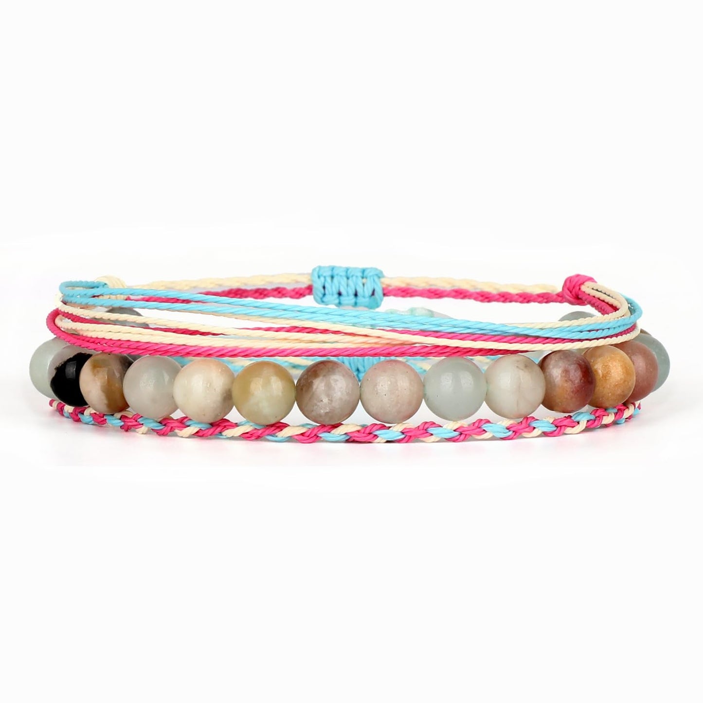 QOGIR Handmade Healing Stones Bracelet,8mm Natural Multi Color Amazonite Gemstone Beads Bracelet,for Men Women Gifts with 2PCS Size Adjustable Rope Bracelets