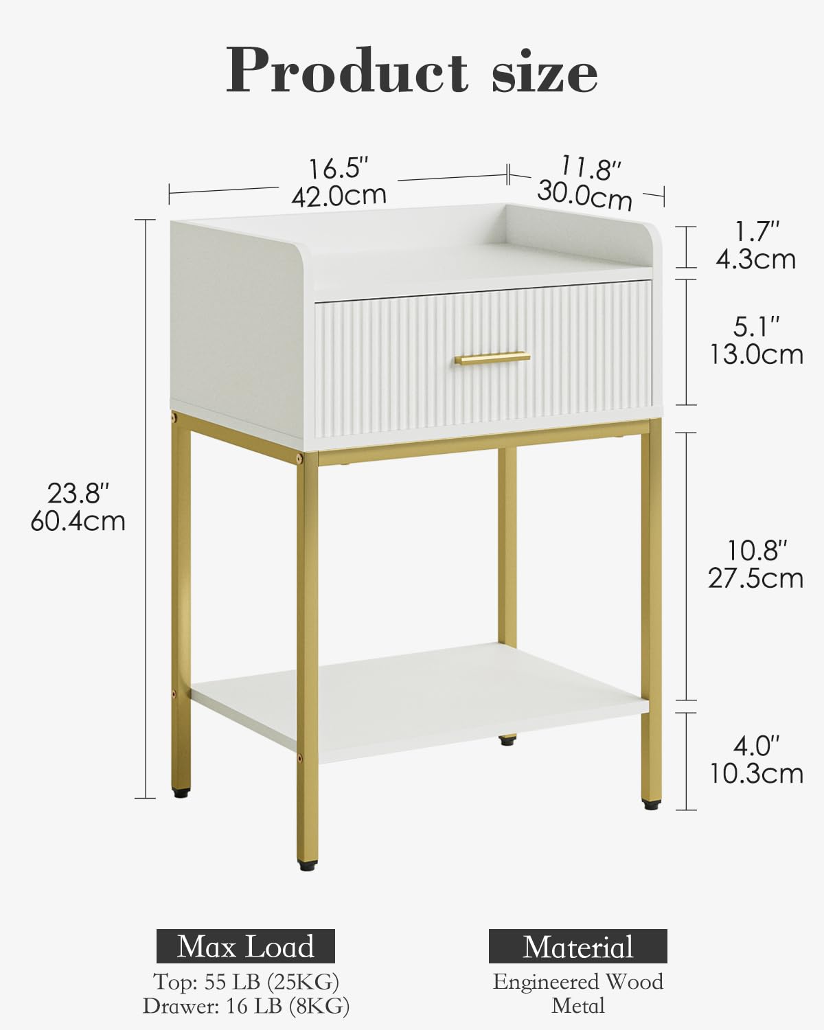 Apetaccat Night Stand, 3-Tier Bed Side Table, Small End Table, Nightstand with Open Shelf and Drawer, Bedside Table for Bedroom, Living Room, White