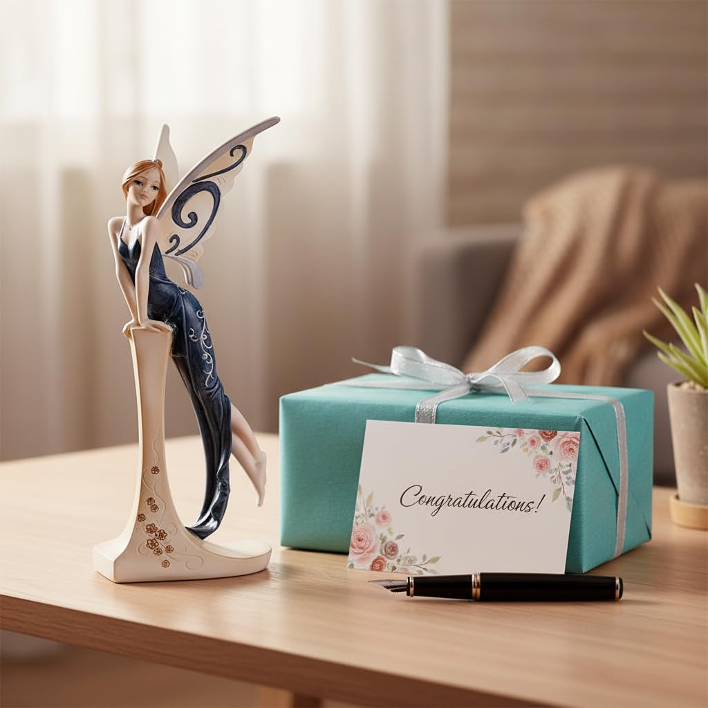 Comfy Hour 7" Standing Fairy Figurine, Elegant Woman Statue in Dark Blue Gown, Sophisticated Fairyland Desktop Decor Accent, Stone Resin Artisan Crafted Sculpture, 1 Unit