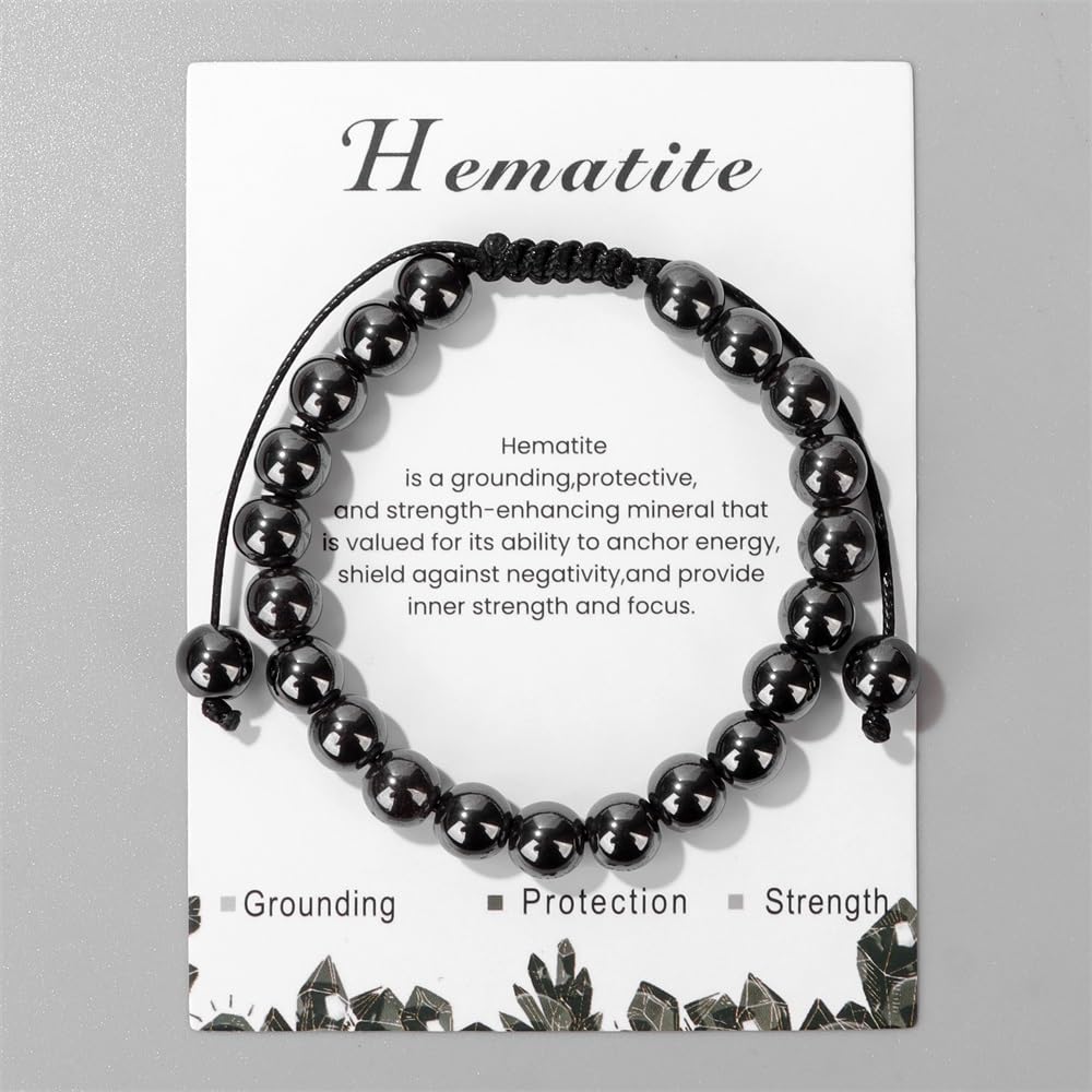 Hematite Bracelet for Men Boys 8mm Adjustable Gemstone Bracelet Crystals and Healing Stones Beaded Bracelets Healing Crystal Bracelets Hematite Jewelry for Women