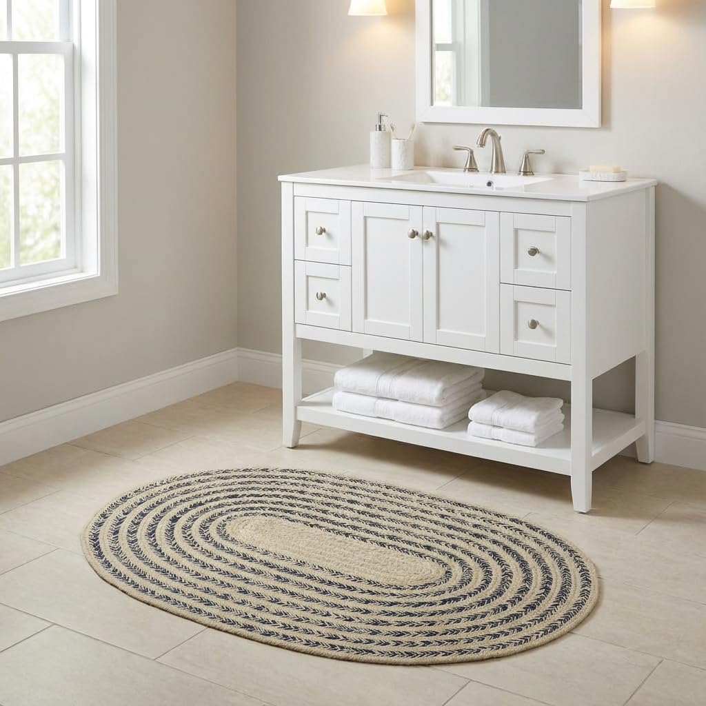 Cotton Braided Rug - 20" X 30" Beige and Navy Oval Woven Farmhouse Rug for Bathroom - Braided Minimalist Rugs for Kitchen - Rustic Primitive Rugs for Entryway