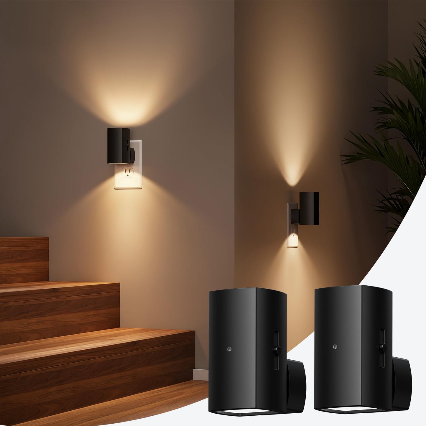 Brightown 2 Pack Night Lights Plug Into Wall, Modern Night Light with Rotating Plug, Dusk to Dawn Sensor, 0-100LM Stepless Dimming Nightlights, Home Decor for Hallway Bedroom Bathroom, Soft White