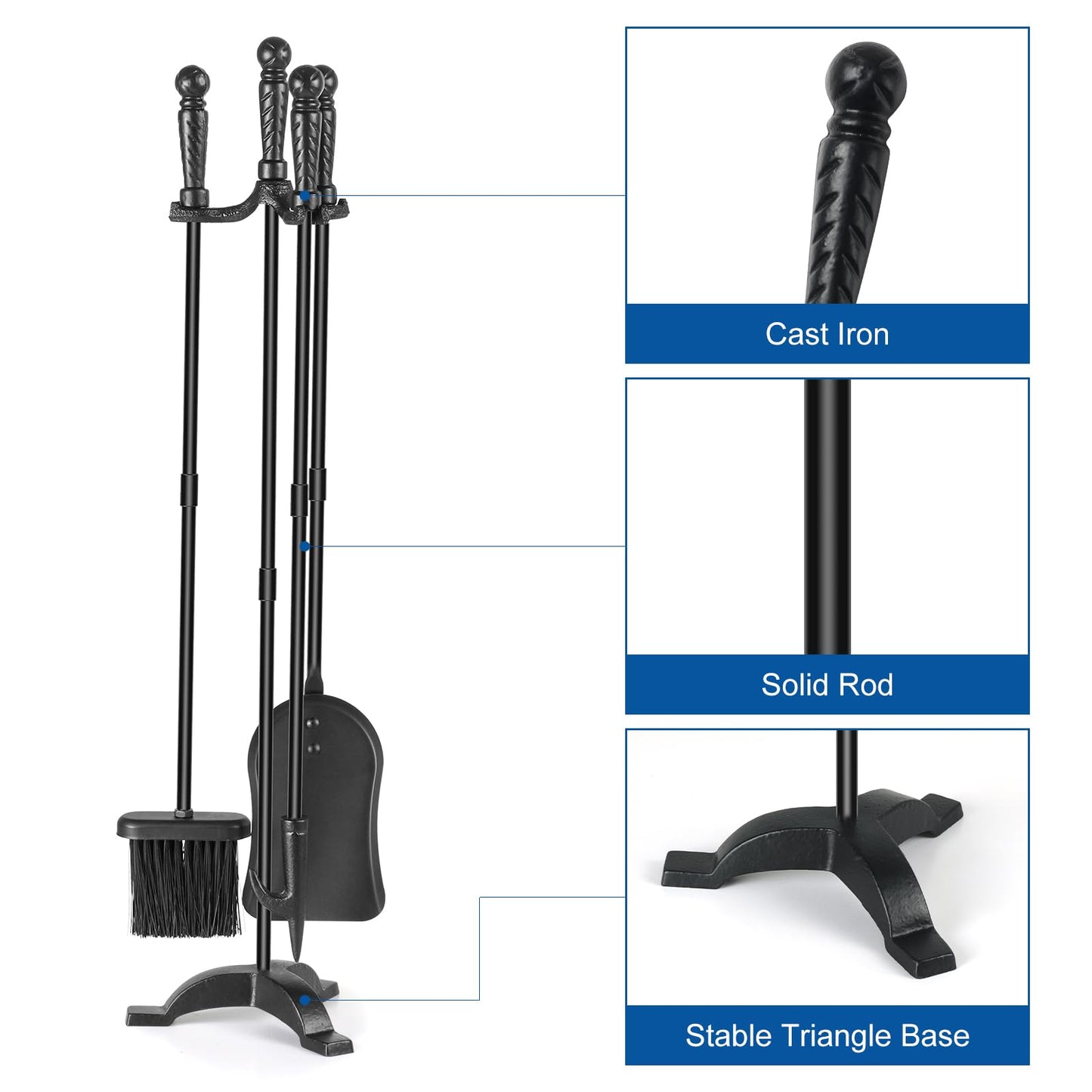 MAT 7-BANQUET Fireplace Tool Sets with Stand Cast Iron Fire Tools Fireplace Accessories Wood Burning with Poker Shovel Brush Wood Stove Tools Black