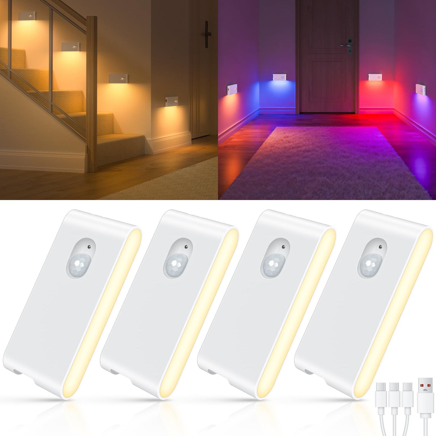WILLED Stair Lights Indoor RGB & Warm White,Rechargeable Motion Sensor Night Light,Wireless Motion Sensor Lights Indoor for Stair,Bathroom,Hallway,Kitchen,Closet,Cabinet,Bedroom,Kids' Room