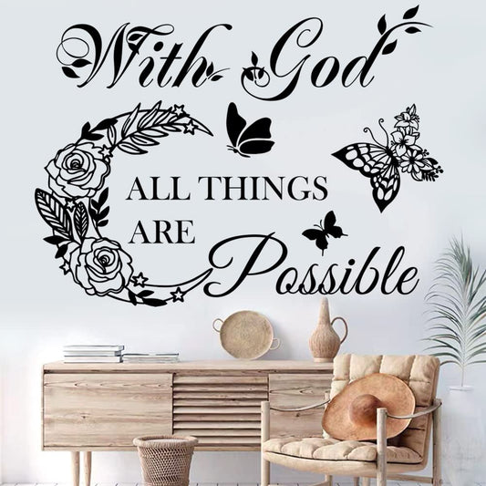 Inspirational God Things are Possible Vinyl Wall Sticker Peel and Stick Quote Bible Sticker Christian Wall Decor Quote Wall Art Stickers for Home Walls Living Room Bedroom Decoration