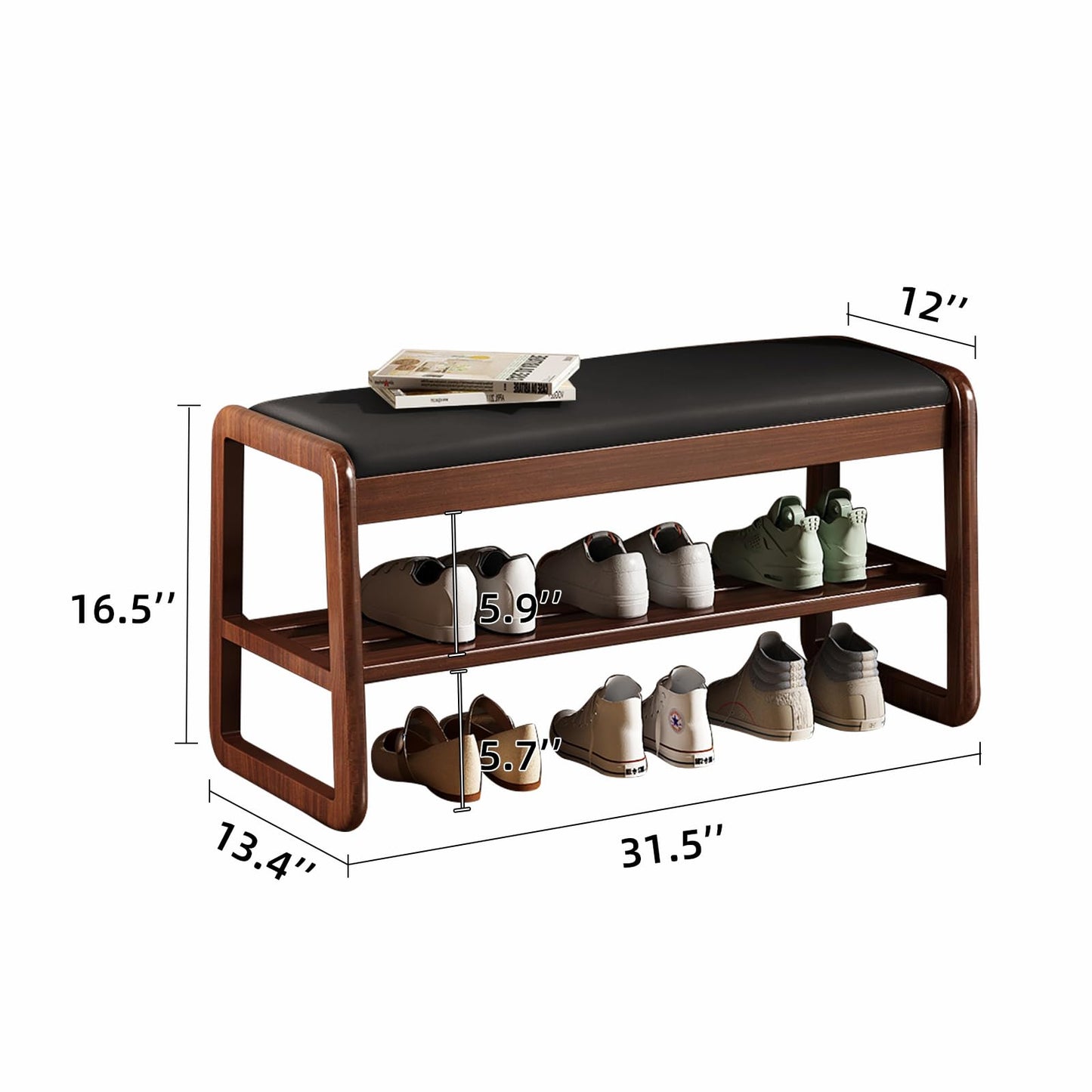 HOOTSMALL Wooden Shoe Storage Bench with Padded Top Cushion, Two-Tier Wooden Shoe Rack, Suitable for Bedrooms and Living Rooms, Black Walnut(31.5'')