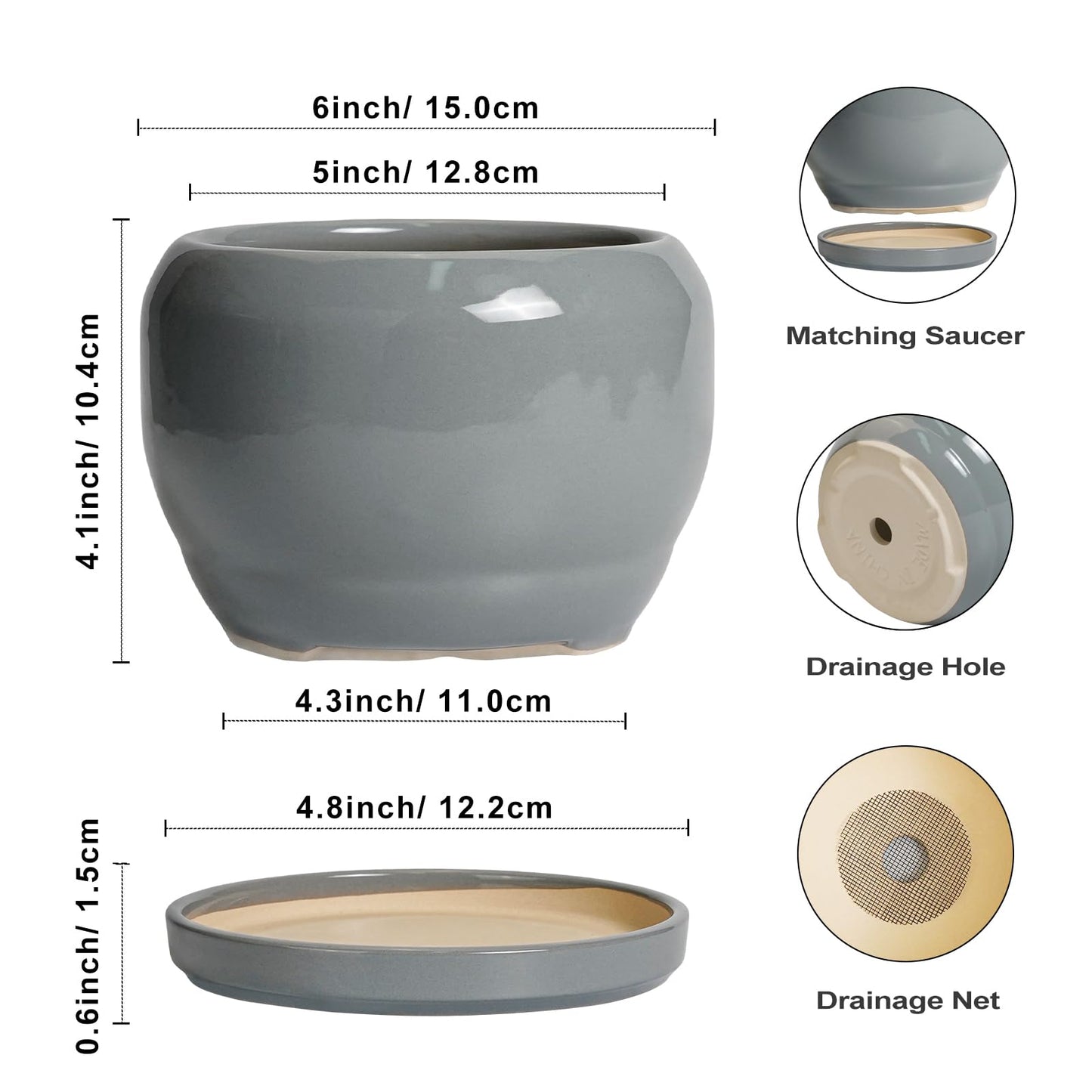 SQOWL 6 Inch Plant Pots - Ceramic Planter with Drainage Hole and Saucer, Round Ceramic Flower Pot Indoor Outdoor, Modern Succulent Planter, Bathroom Decor, Gifts for Plant Lovers, Grey