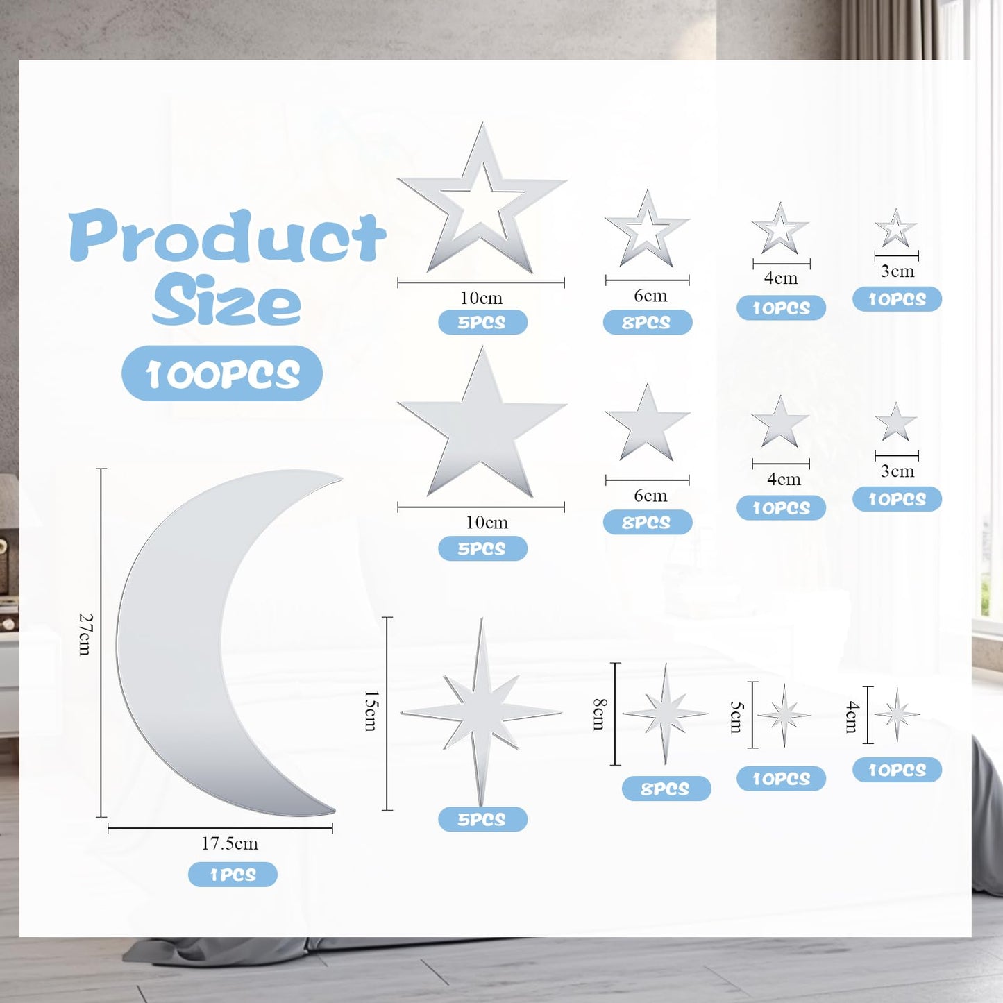 Shappy 100 Pcs Acrylic Moon Star Mirror Wall Stickers Decal 3D Acrylic Mirror Stickers Removable Decal for Room Good Night Nursery House Bedroom Wall Decor(Silver)