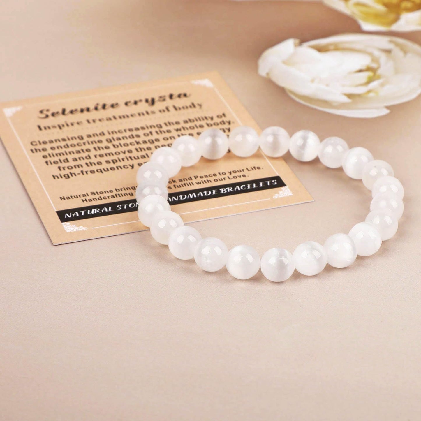 AD Beads Handmade Gemstone Stretch Elastic Bracelet Crystal Healing Reiki Nature's Beauty and Spiritual Essence Unisex (10mm, Selenite Crystal (Inspire Treatments))