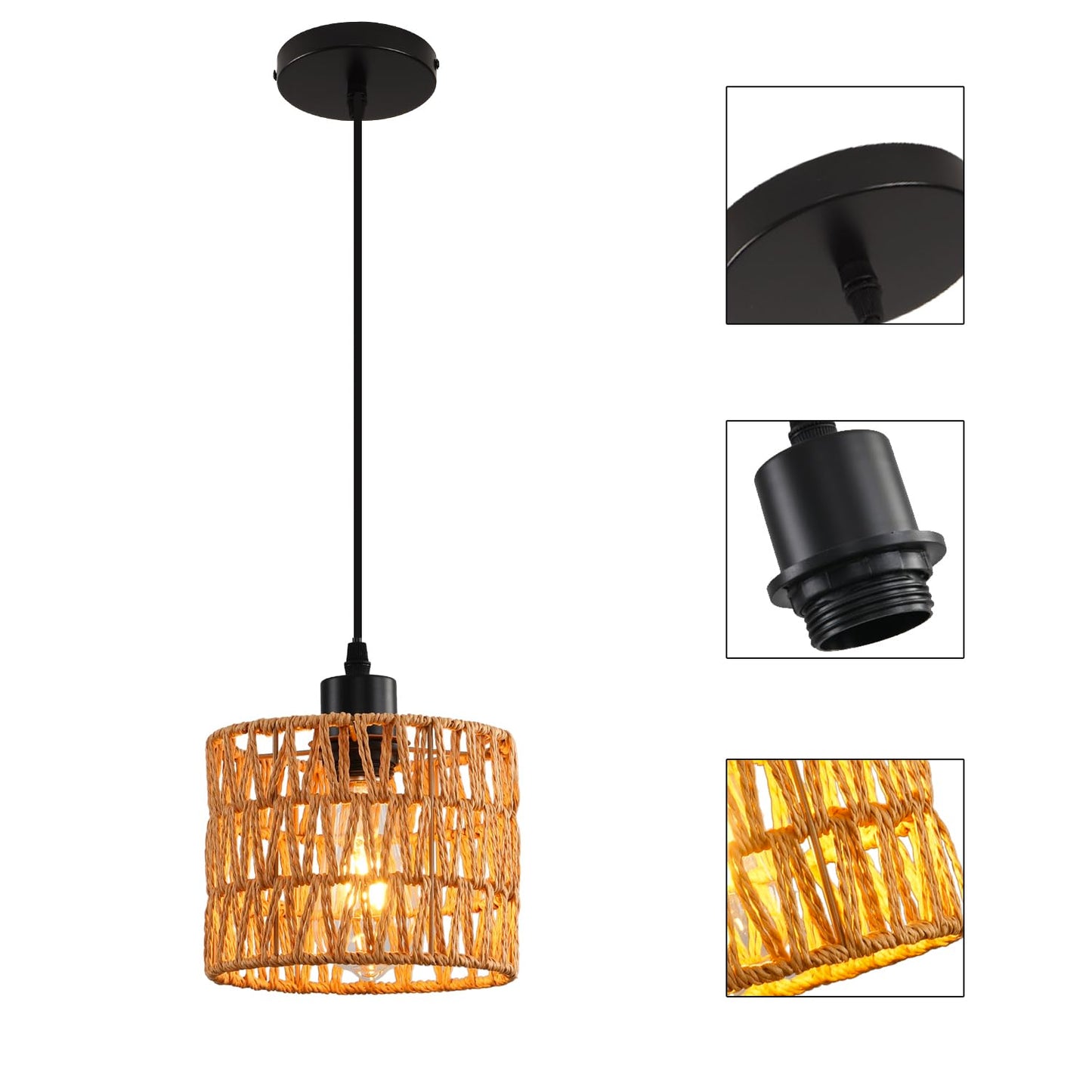 KENMI Woven Pendant Light Boho Chandelier, Rattan Pendant Lights Kitchen Island, Farmhouse Pendant Lighting with Hand Woven Wicker Shade, Boho Chandelier Light Fixtures Ceiling Hanging Light