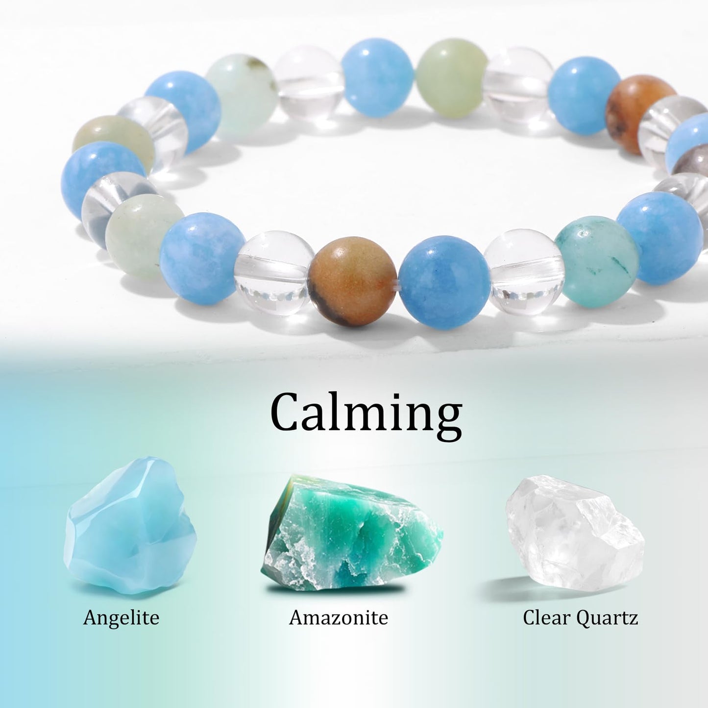 Bolinailo Healing Crystal Calming Bracelet 8mm Crystal Beaded Bracelet for Women Men Natural Stones of Angelite, Amazonite and Clear Quartz Handmade Gemstone Reiki Spiritual Jewelry Gifts