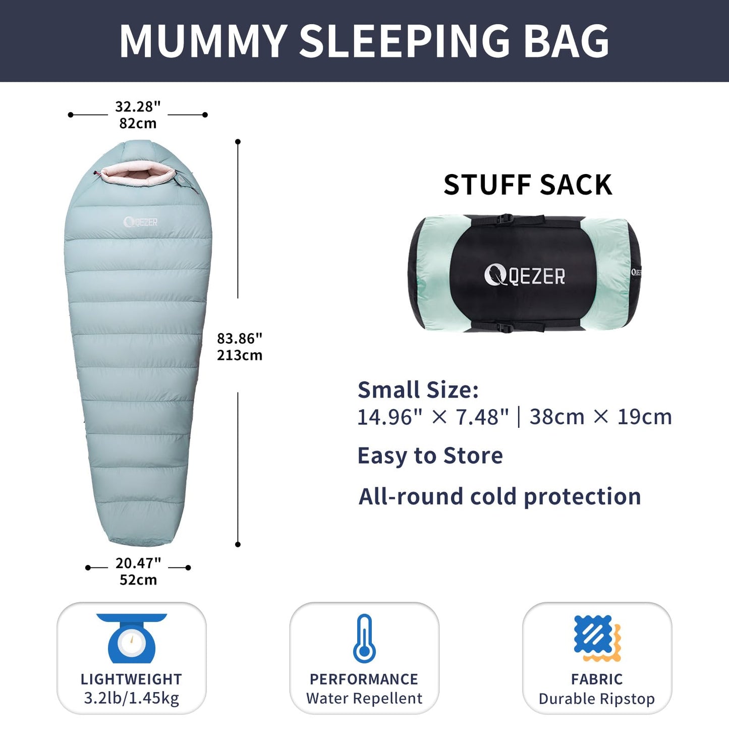 QEZER Down Sleeping Bag for Adults with 620 Fill Power Down Ultralight Mummy Backpacking Sleeping Bag