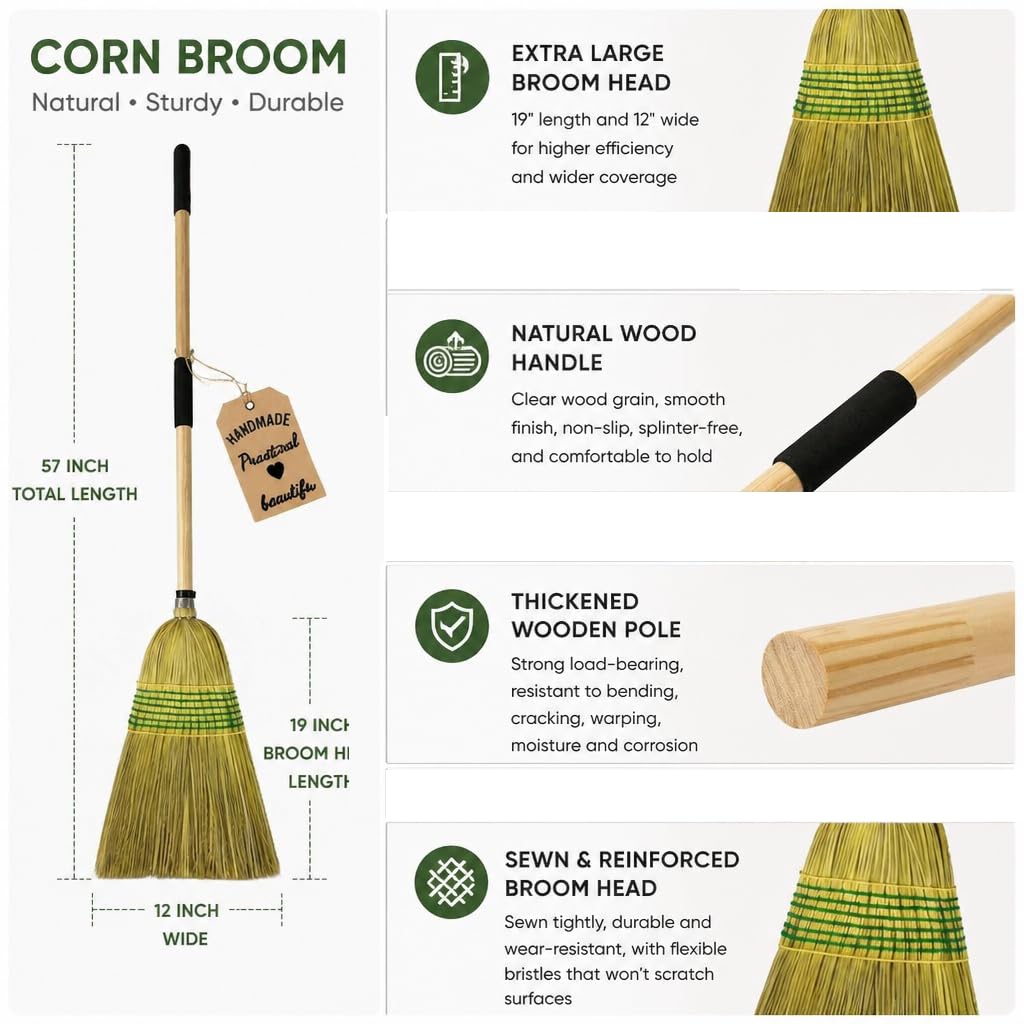 Straw Broom,Handmade Corn Broom Made from Natural Corn stalks, Outdoor Broom Equipped Wooden Handle. Natural Broom Reinforced