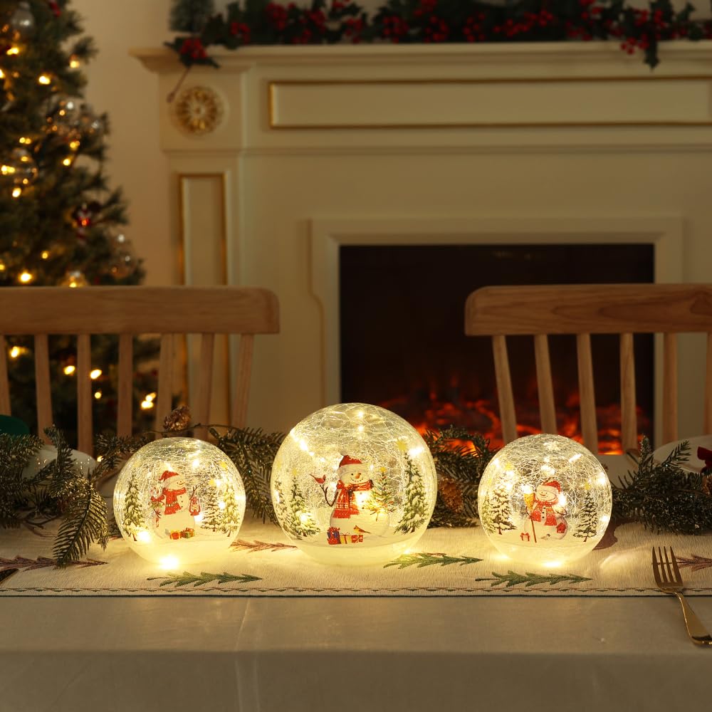 YEAHOME Christmas Decorations Indoor,Set of 3 Snowman Crackle Glass Ball with LED Lights Home Decor, Christmas Table Decorations Lighted Globes with Timer for Mantel Fireplace Tabletop