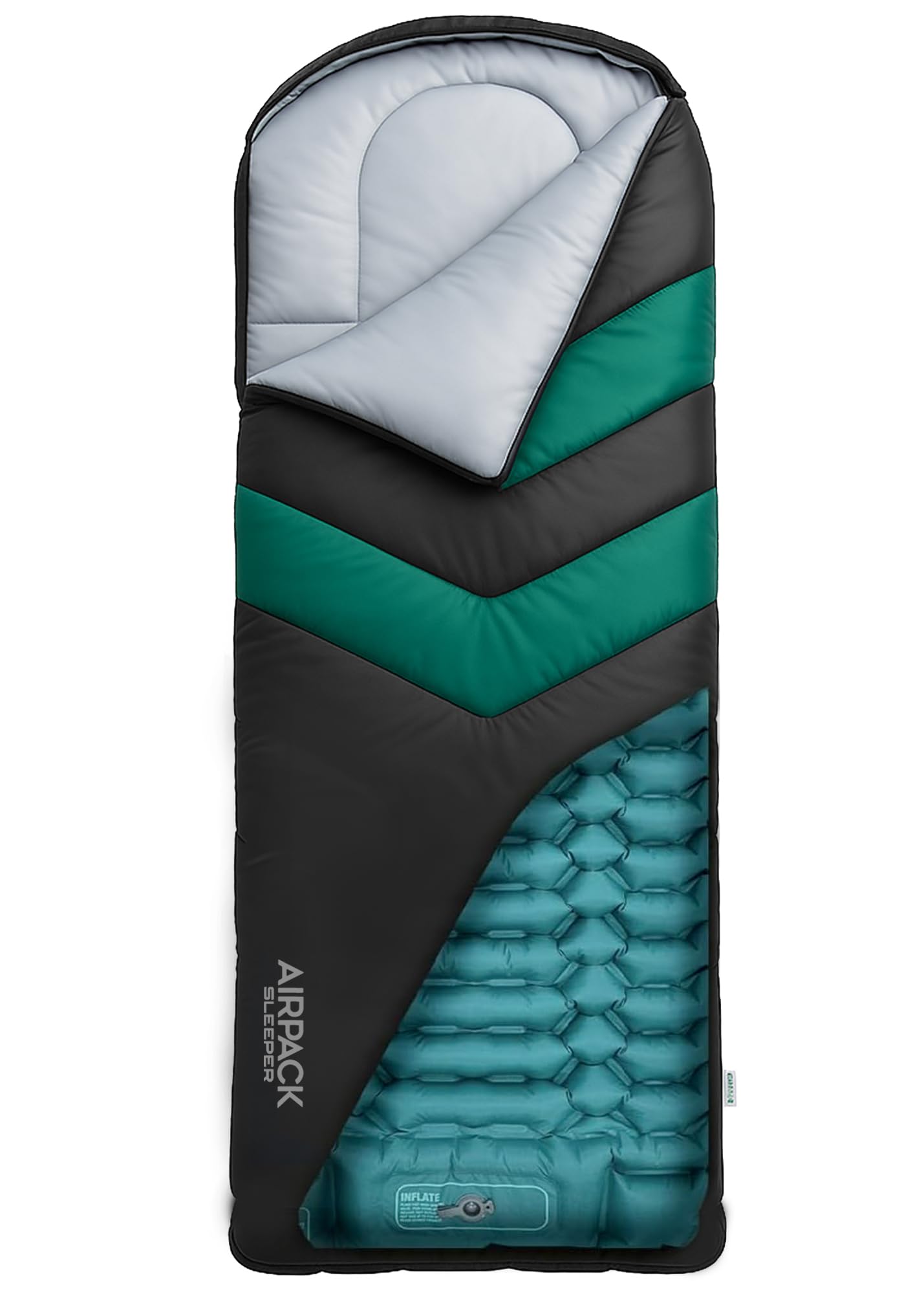 Rangland Sleeping Bag with Built-in Pad (AirPack Sleeper) - All-in-One Inflatable Sleeping Pad and Zip-Up Blanket for Camping with Built-in Foot Pump (Black/Green) 80"×30"