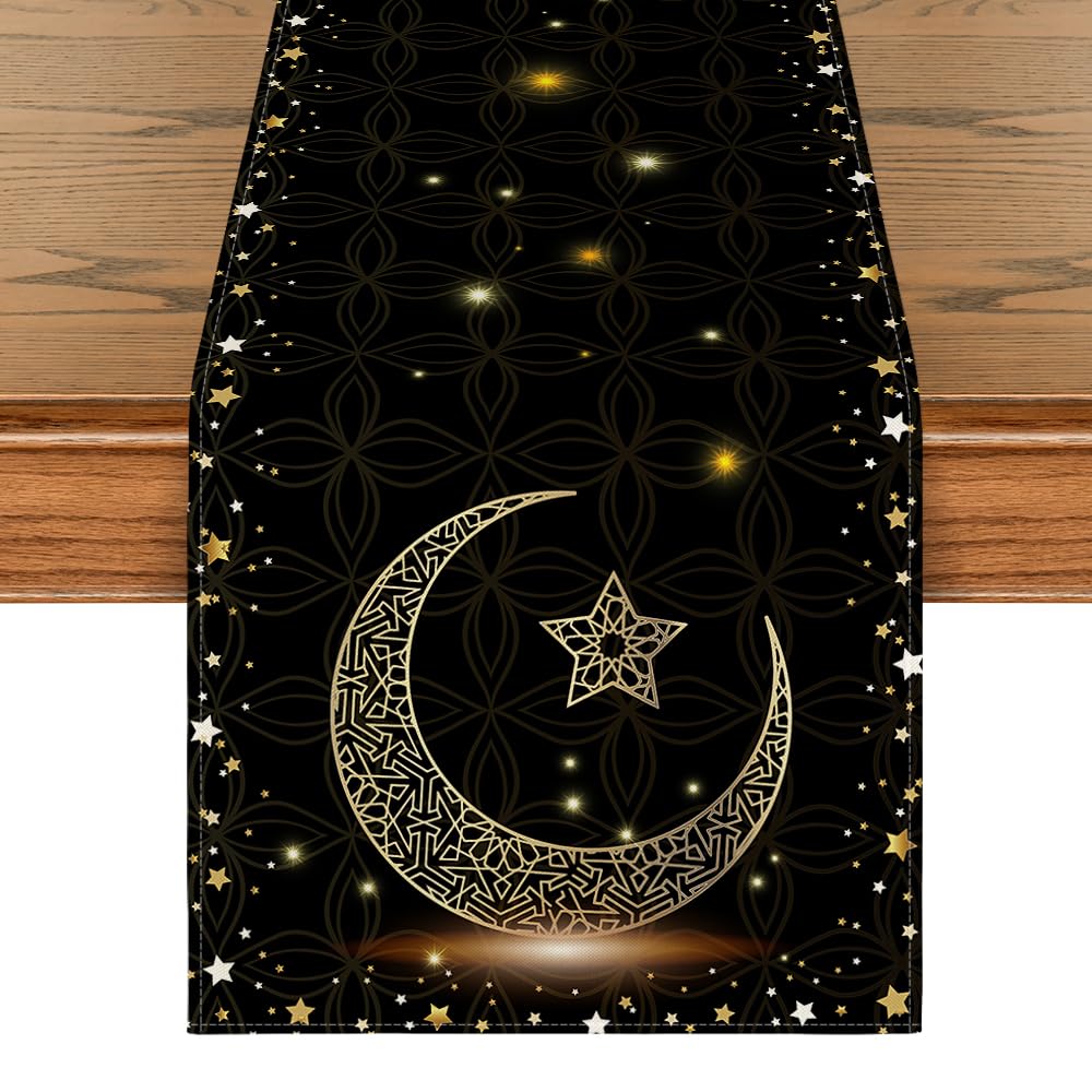 Artoid Mode Black Star Ramadan Moon Table Runner, Seasonal Kitchen Dining Table Decoration for Home Party Decor 13x72 Inch