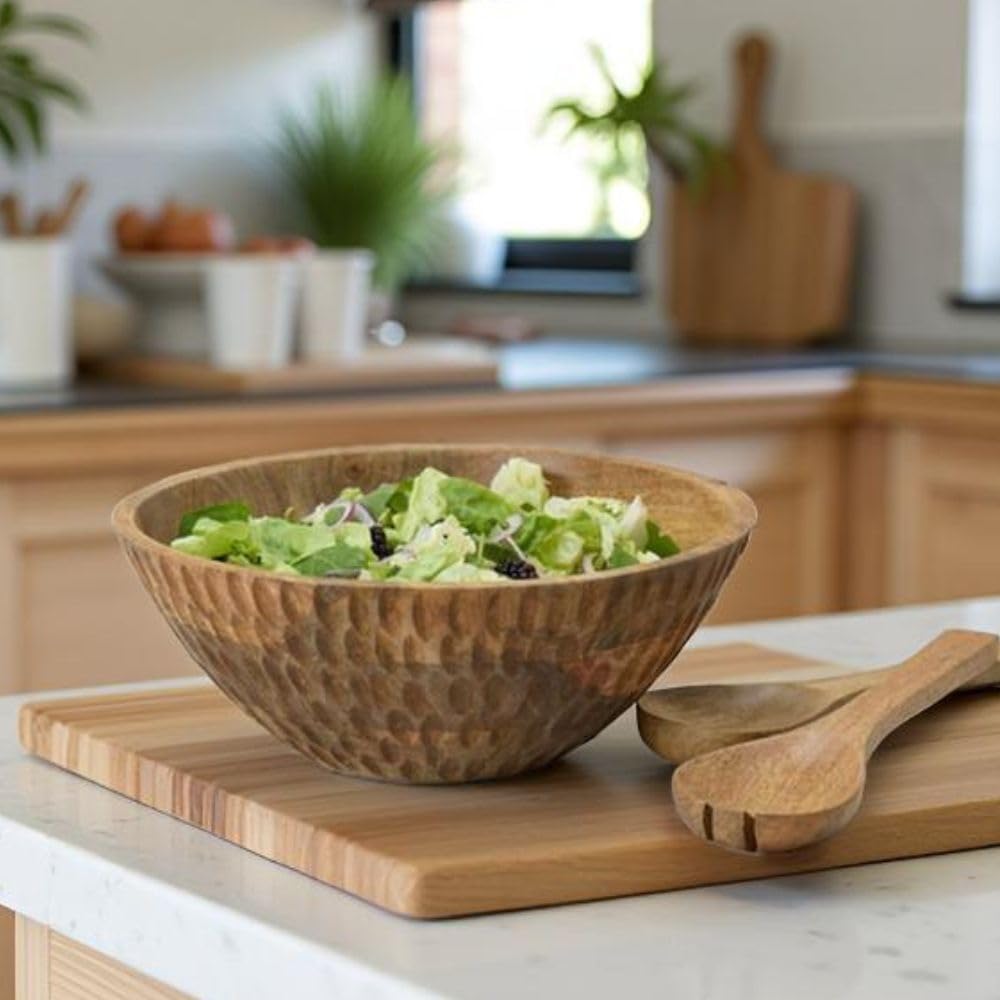 Salad Bowl with Servers, Wooden Bowl, 12.5" Wide