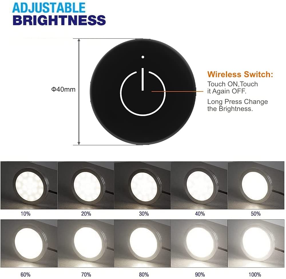 VST Under Cabinet Lighting 12V 2W (12W Total, 60W Equivalent), Wireless Dimmer Switch, Recessed or Surface Mount Wiried Puck Light for Kitchen, Wardrobe (6 Pack Black 3000K)