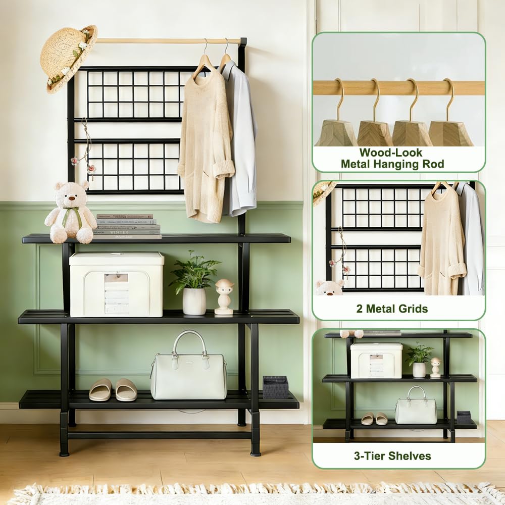 YOBAZAN 3-Tier Metal Plant Stand with Hanging Shelf – Heavy Duty, Waterproof Indoor & Outdoor Flower Rack for Multiple Pots, Balcony, Garden, Living Room – Black