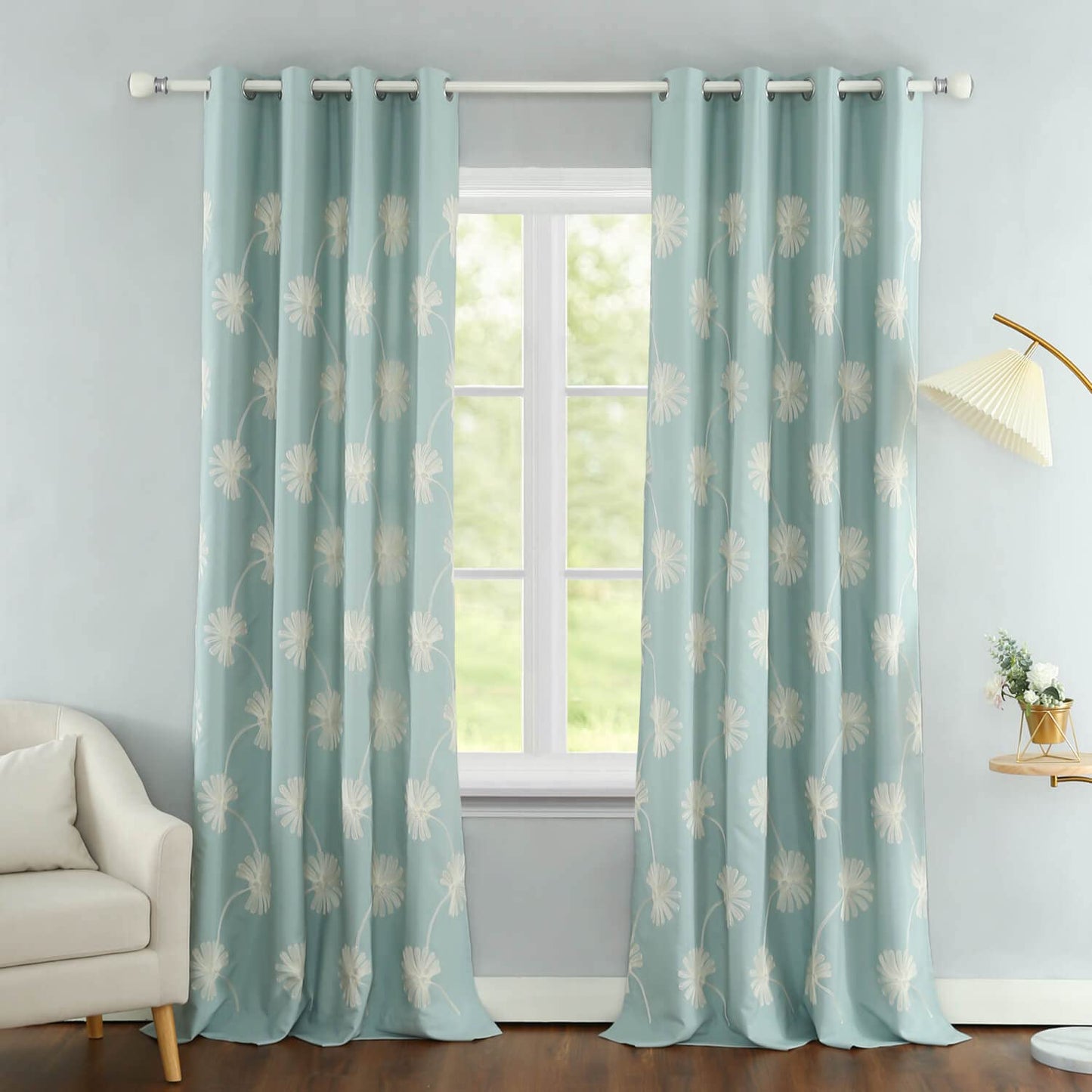 VOGOL(2 Panels Floral Patten Embroidered Elegant Faux Linen Grommet Curtains/Thermal Insulated 60% Blackout/Heavy Drapes for Bedroom/Living Room,Energy Efficient Window Treatment Panels,52 x 84 Inch