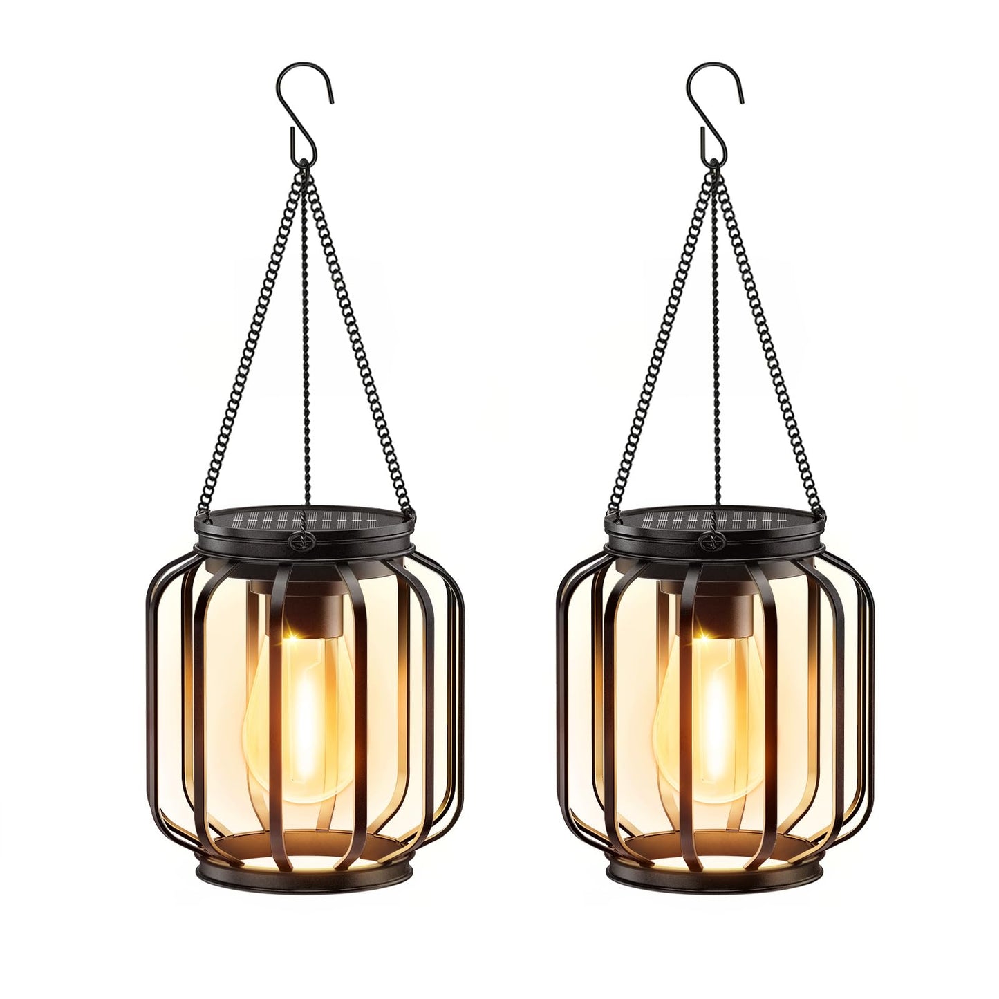 Solar Hanging Lanterns Outdoor: 2 Pack Metal Solar Hanging Lights with Hook, Bright - Warm Waterproof LED Lanterns for Outside, Classic Decorative Solar-Powered Light for Yard Garden Patio Porch Decor