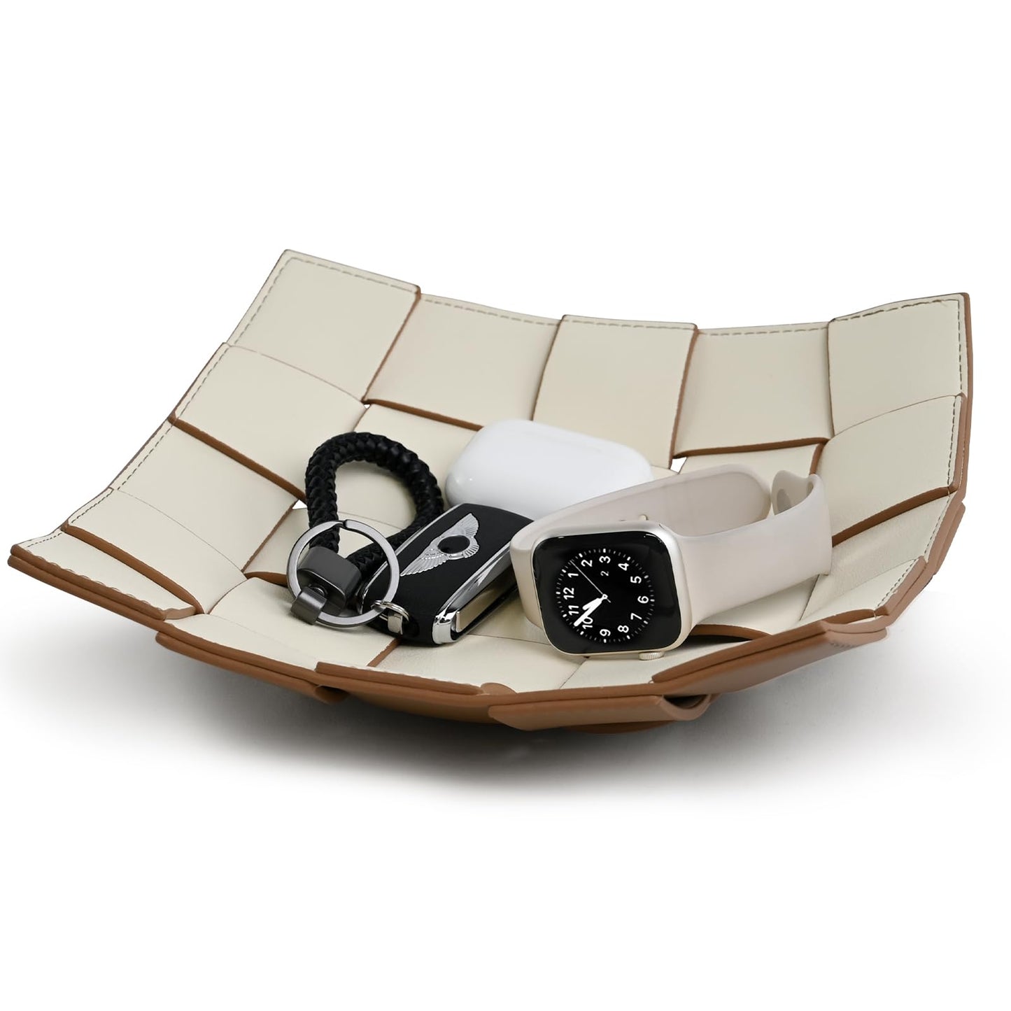Valet Tray PU Leather Key Bowl for Men Women Entryway Table Nightstand Catchall EDC Dump Tray for Wallet, Keys, Jewelry Men's Gift - Coffee & White, 9.8" L x 9.8" W x 2" H