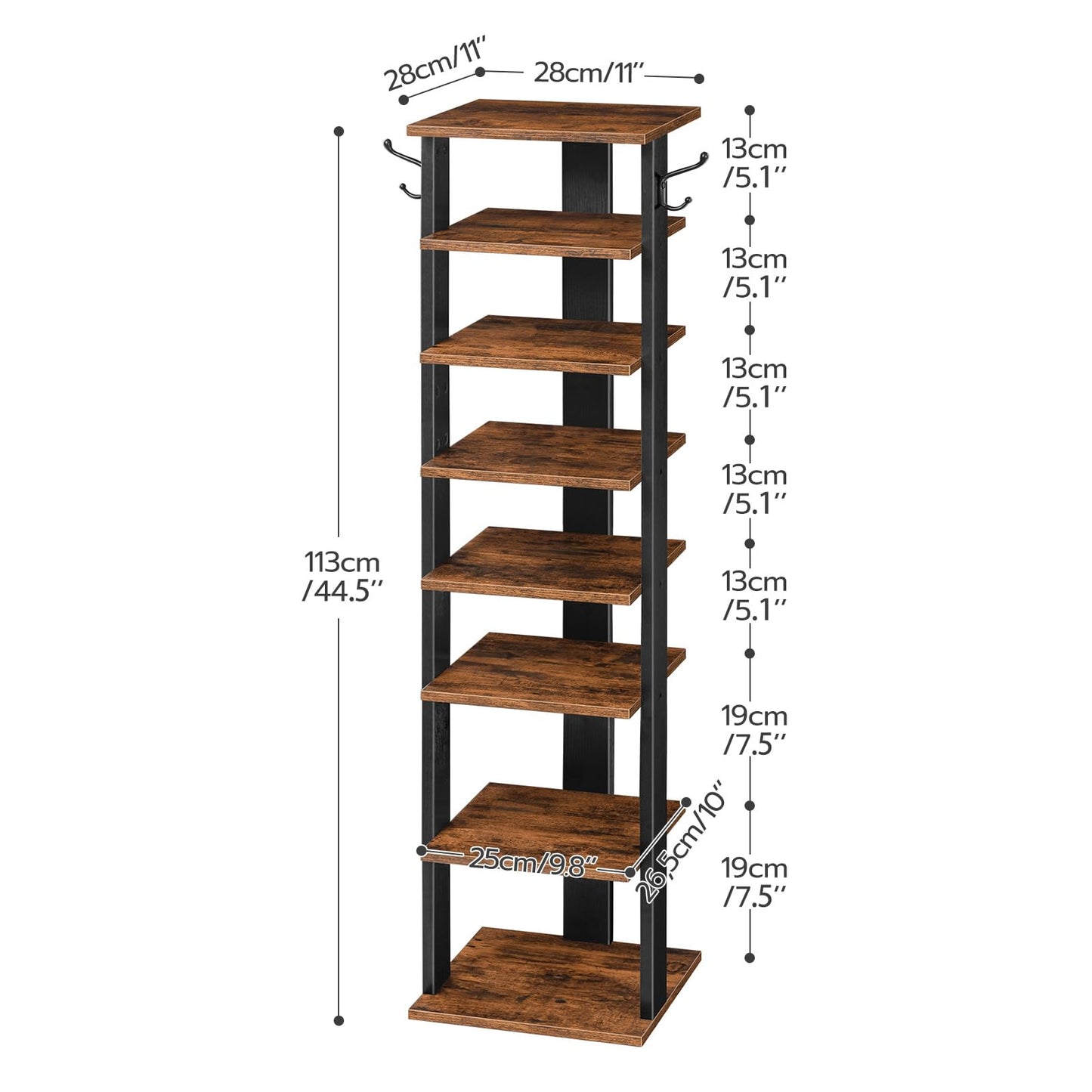 HOOBRO 8 Tiers Vertical Shoe Rack, Wooden Shoe Storage Organizer with Hooks, Narrow Shoe Tower for 8 Pairs, Space Saving, for Entryway, Living Room, Bedroom, Rustic Brown BF07XJ01G1