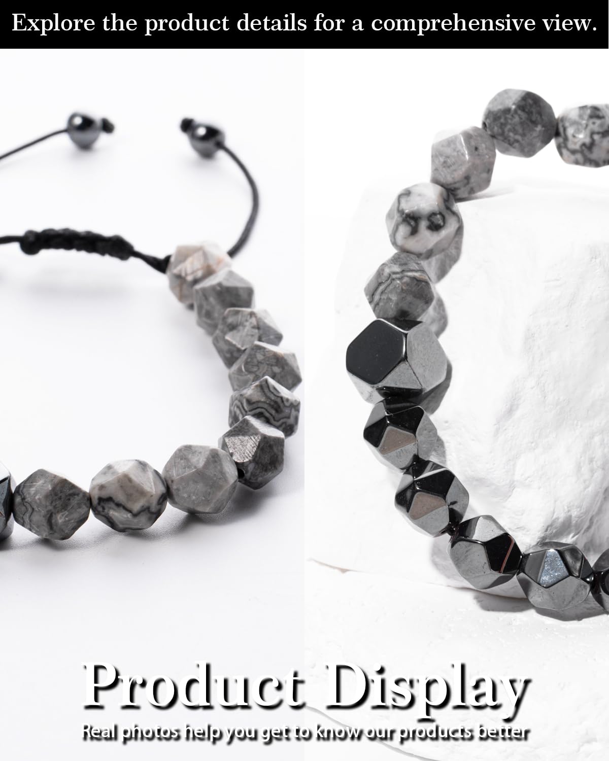 Beaded Bracelet for Men, 10mm Natural Stones Bracelet for Men's Gift, Adjustable Precision-Cut Gemstone Crystal Healing Bracelet, Protection Jewelry Gift with Hematite, Tiger Eye (Map Stone & Hematite)