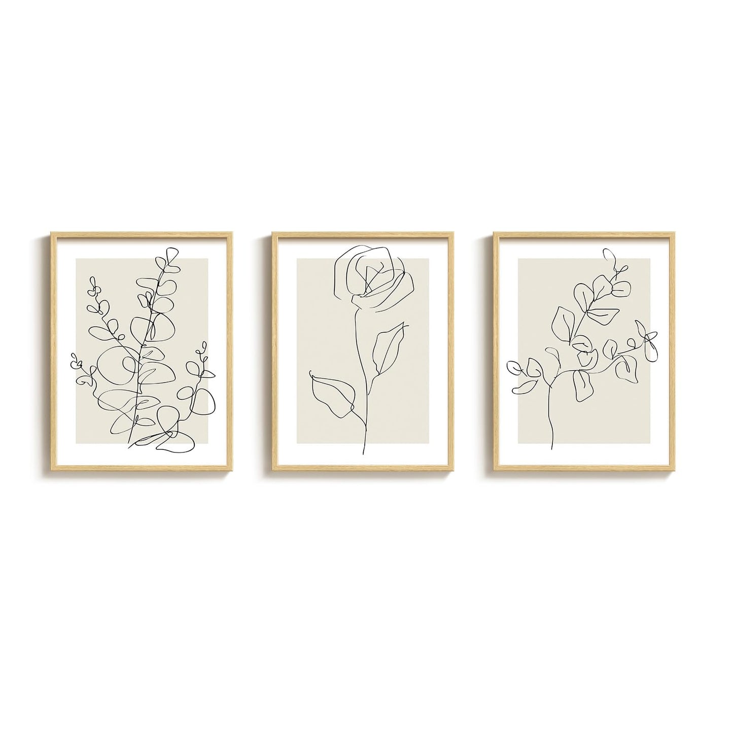 Framed Floral Art Bedroom Wall Art, 3 Piece Neutral Botanical Line Artwork for Walls, Minimalist Flower Leaf Picture Prints, Beige Botanical Painting for Living Room Kitchen Hallway Office, 12x16 Inch