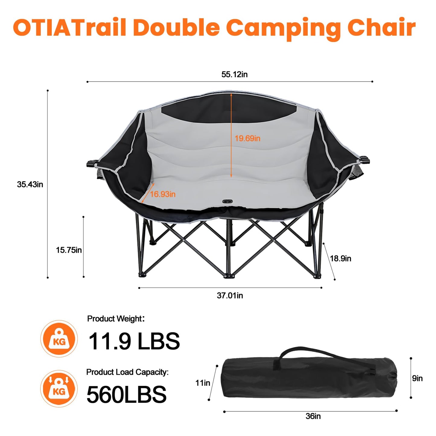 OTIATrail Double Camping Chair Loveseat with Cup Holders, 2 Person Folding Outdoor Chair, 550lbs Heavy Duty, 600D Oxford Fabric Padded 2 Seat, Portable Camping Couch for Camp/Lawns/Sports Grey