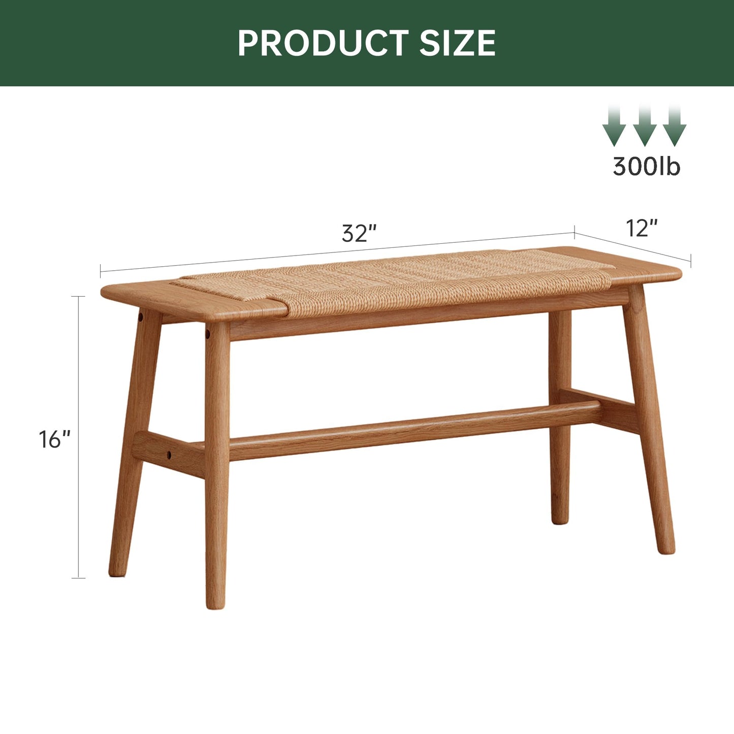 Vadisun 100% Solid Oak Wood Bench,Hand Woven Design,Solid Mortise and Tenon Construction-Solid Structure of Chair Legs,Woven Rattan Entryway Benchs/Dining Bench (Natural Oak,31.49”*11.81”*15.98”)
