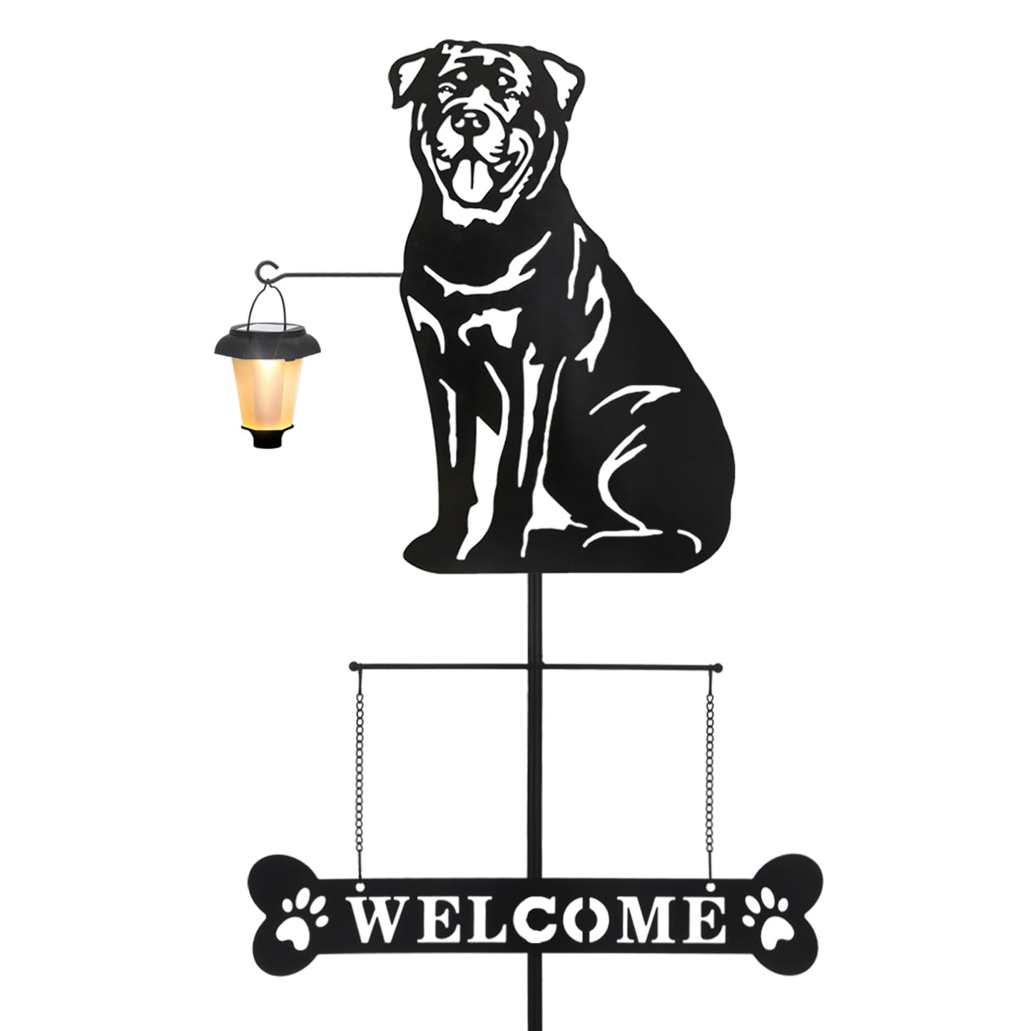 BAYN Solar Rottweiler Silhouette Dog Breed Welcome Sign with a Lantern Outdoor Decorative Garden Stakes for Yard, Lawn, Patio, Pathway
