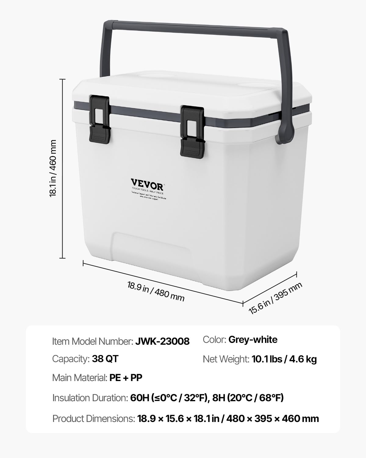 VEVOR Portable Cooler, 38 QT Hard Cooler with Ice Retention, Heavy-Duty Handles and Cup Holder, Lightweight Rigid Material Insulated Portable Cooler, Suitable for Family Picnics and Long Trips