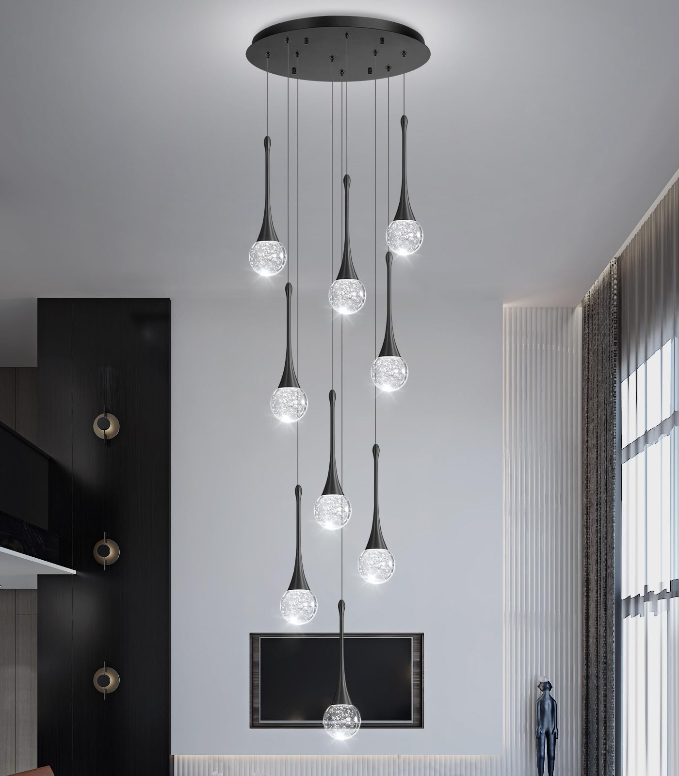 cenozo 9 Light Modern Glam Crystal Chandelier for High Ceiling LED Dimmable Ceiling Pendant Light Staircase Foyer Enterway Living Room Chandelier Lighting Antique Black