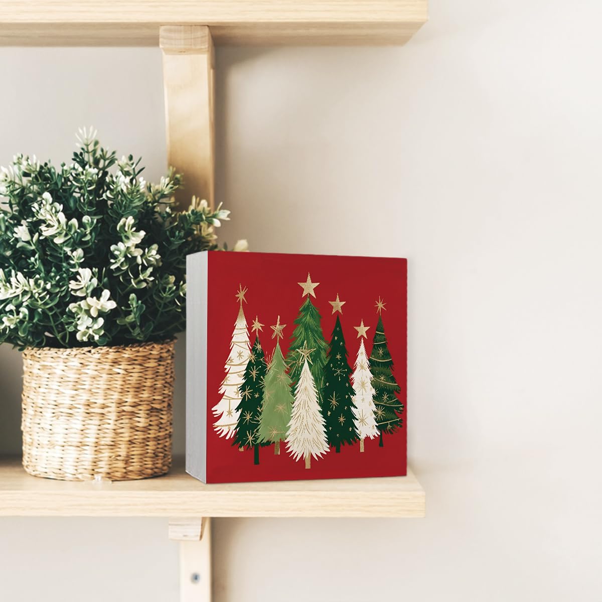 Yetmadi Christmas Trees Wooden Box Sign Plaque Decor, Rustic Christmas Artwork, Christmas Decorations for Home Shelf Mantel Fireplace Table Party Decor
